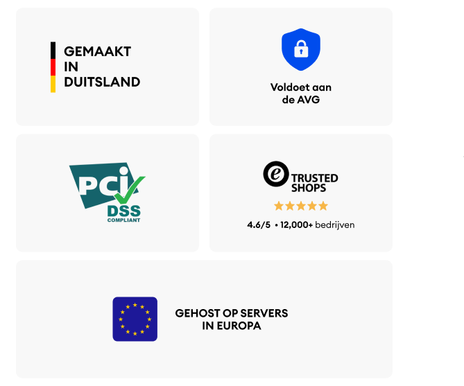Made in Germany, GDPR-compliant, PCI DSS certified, Trusted Shops rated 4.6/5 by 12,000+ businesses, servers hosted in Europe.