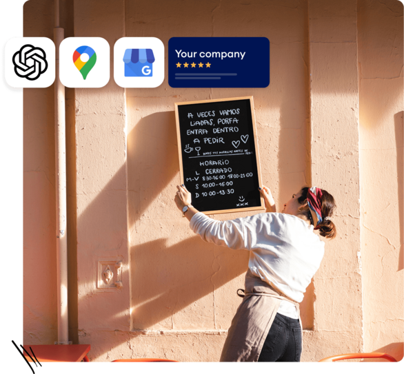 Solopreneur writing the daily menu outside her shop — with Google Maps, Google reviews, and AI assistant icons showing where her business is visible online.