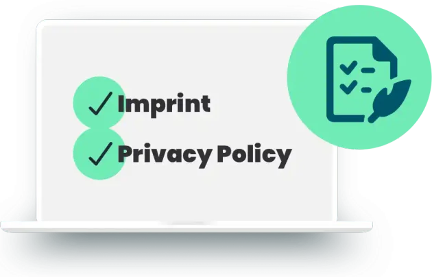 Pantalla de portátil muestra comprobaciones para “Aviso legal” y “Política de privacidad” con un icono de documento.