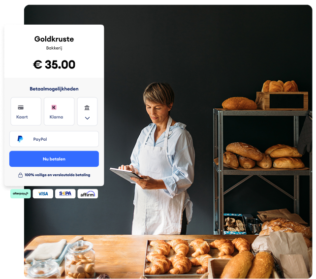 Bakker in haar winkel - Jimdo-betaalpagina met kaart-, Klarna- en PayPal-opties voor een bestelling van 35 EUR.