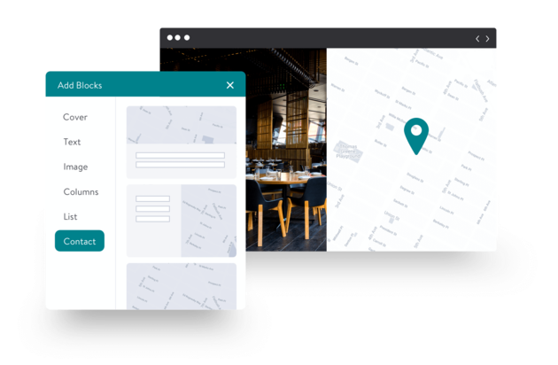 Interface for adding blocks to a webpage, displaying contact options and a location map pin next to a restaurant interior.