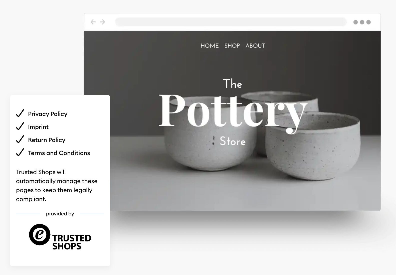 Three ceramic pots displayed on a webpage with "The Pottery Store" text overlay.