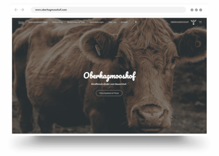 Farm shop website homepage showing a close-up of a cow's face