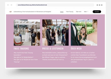 Met Jimdo gemaakte website van een trouwceremoniemeester, met informatie over ceremonies, tarieven en diensten.