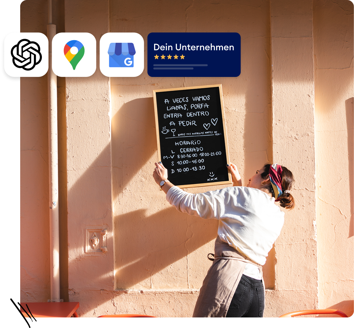 Selbstständige schreibt die Tageskarte vor ihrem Laden — darüber Icons für Google Maps, Google-Bewertungen und KI-Assistenten, die zeigen, wo ihr Business online sichtbar ist.