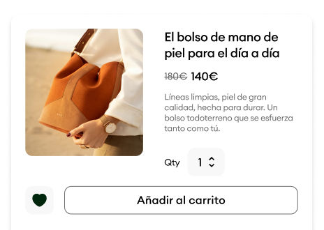 Página de producto de la tienda online de Jimdo - bolso de cuero, precio, carrito y pago en un clic.
