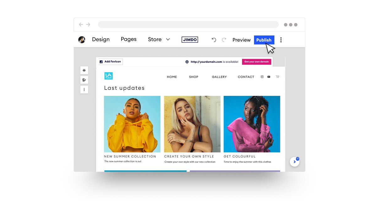 Website builder interface showing a fashion store page with three model images in a gallery. A cursor hovers over the "Publish" button.