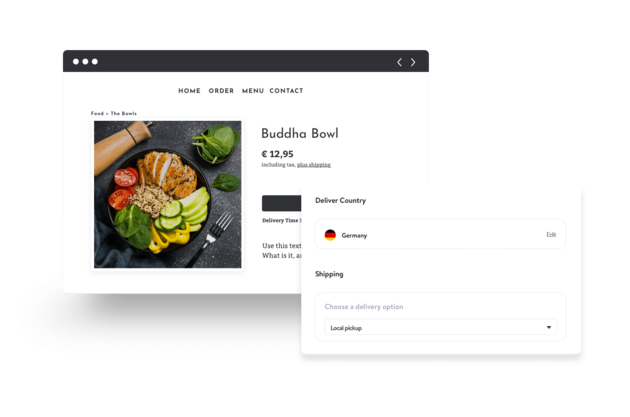 An example from a Jimdo website of how to offer takeout orders from a restaurant website and offer local pickup.