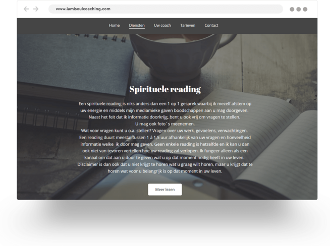 Example of a spiritual coaching website built with Jimdo showing a cup of tea and an open book