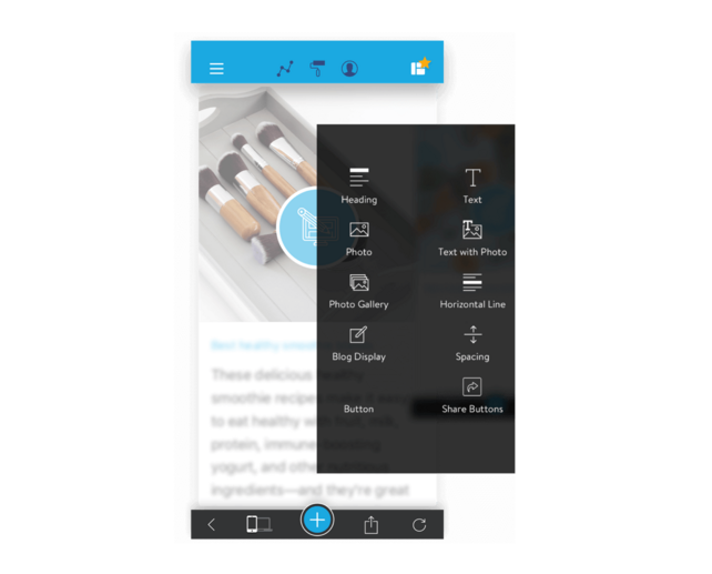 Editor de sitios web para móvil de Jimdo con el menú de contenido abierto, que muestra opciones para añadir encabezados, texto, imágenes, galerías y botones al crear una página web.