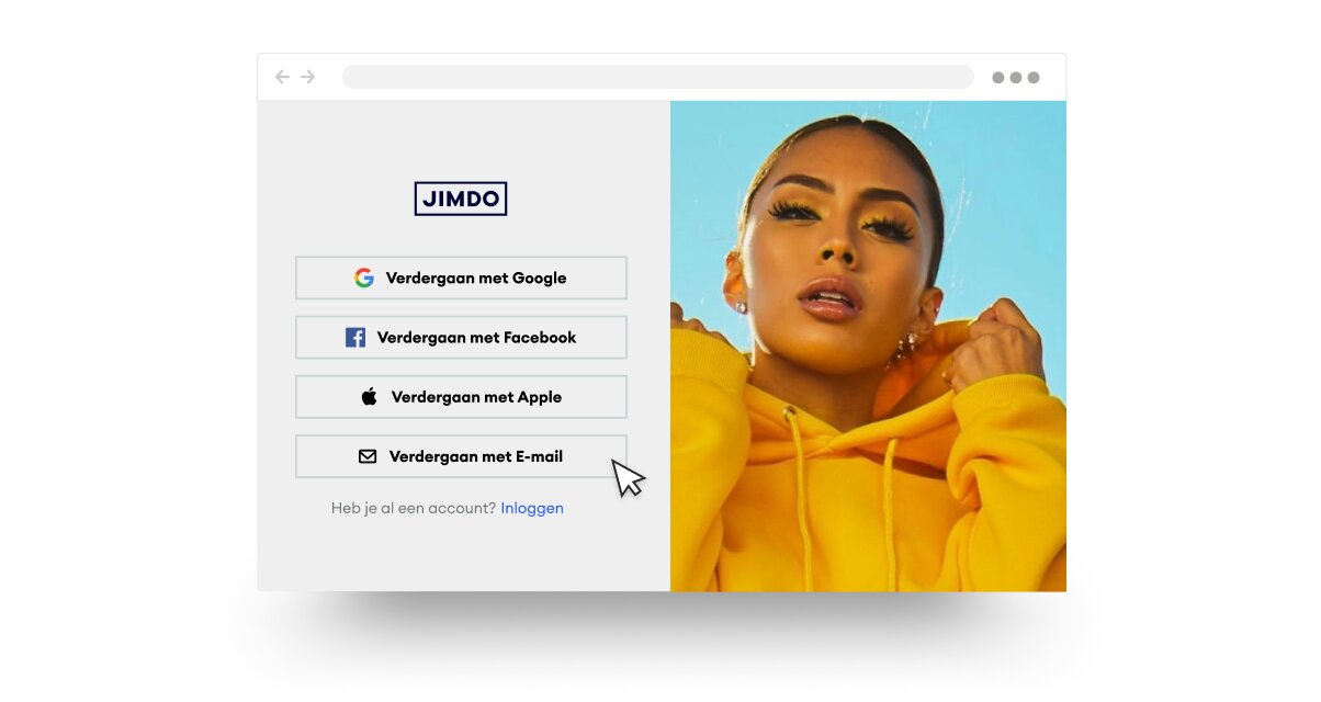 Inlogscherm met opties voor Google, Facebook, Apple en e-mail, naast een afbeelding van een persoon in een gele hoodie.