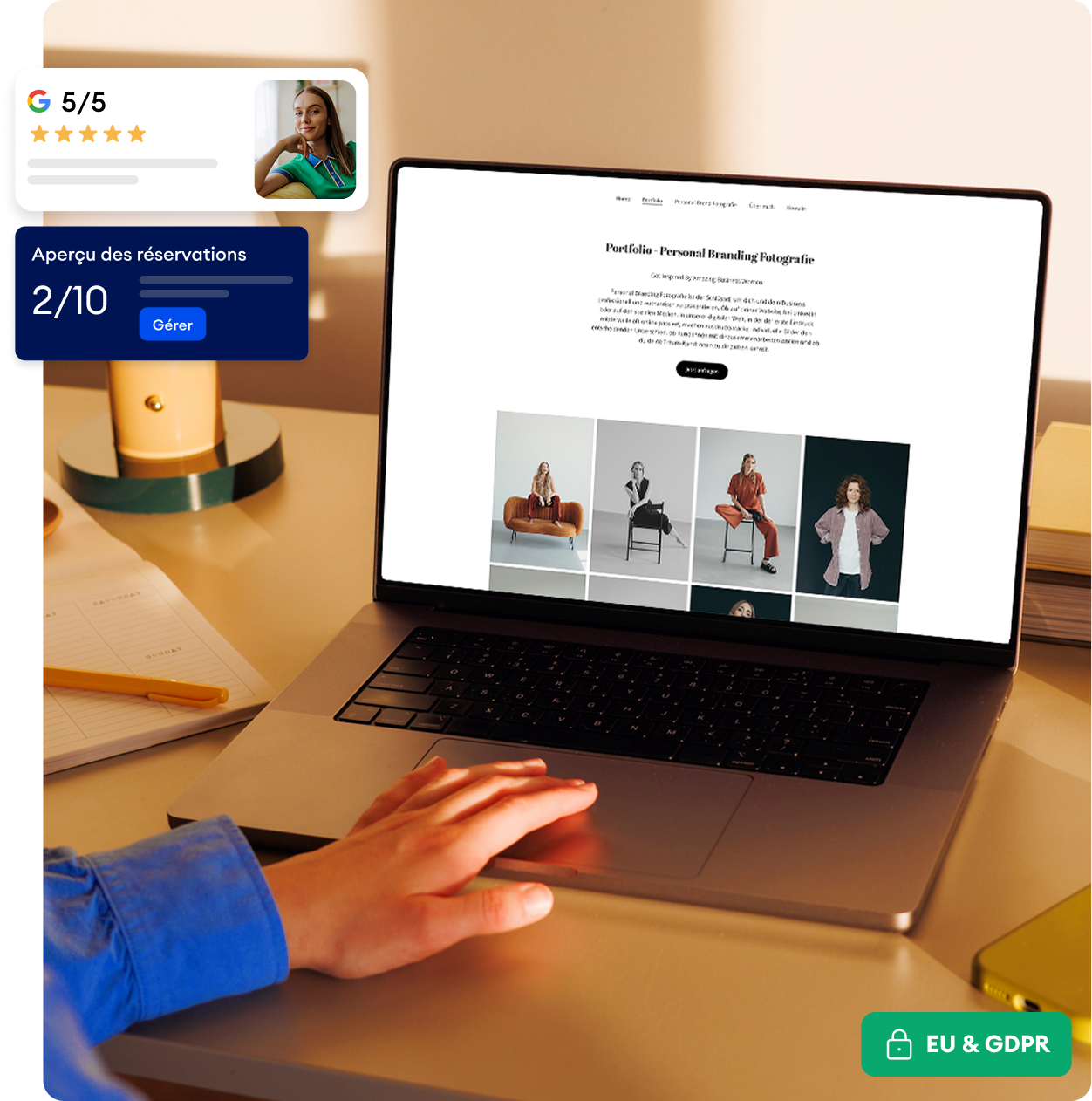 Solopreneur managing their business on a smartphone with Jimdo — bookings, Google reviews, and GDPR compliance at a glance.