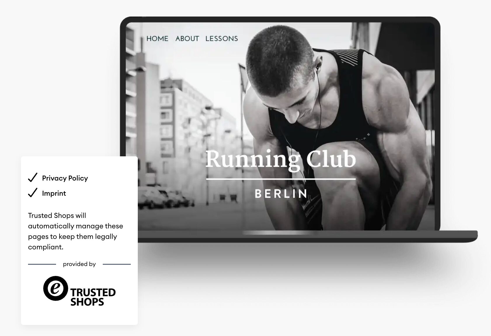 Laptop displaying website with a male runner tying his shoe, overlaid with 'Running Club Berlin' text.