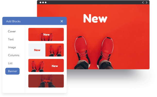 Interface de conception de site web montrant des chaussures rouges sur un fond rouge avec le texte 'Nouveau', avec des options pour ajouter des blocs comme couverture et bannière.