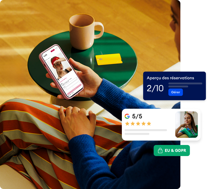 Indépendante gérant son activité sur smartphone avec Jimdo - réservations, avis Google et conformité RGPD en un coup d'oeil.

