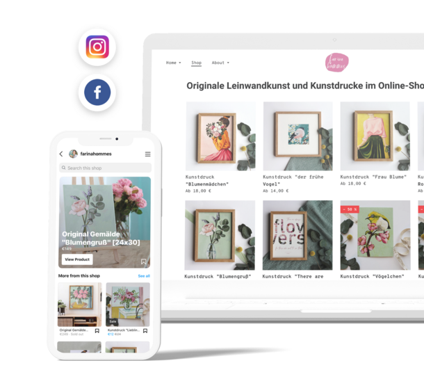Smartphone und Tablet zeigen einen Online-Kunstladen mit Blumenmotiven und Gemälden. Icons für Instagram und Facebook oben.