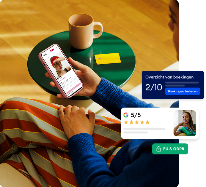 Zzp'er beheert haar bedrijf op smartphone met Jimdo - boekingen, Google-reviews en AVG-conformiteit in één oogopslag.
