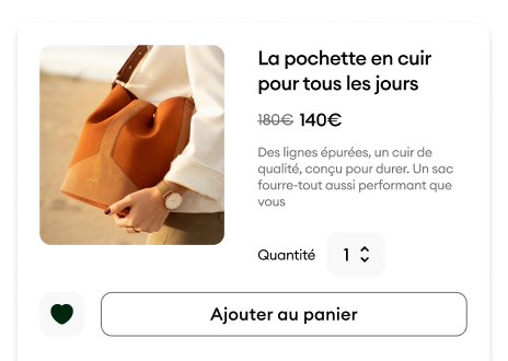 Page produit de la boutique en ligne Jimdo - pochette en cuir, prix, panier et paiement en un clic.
