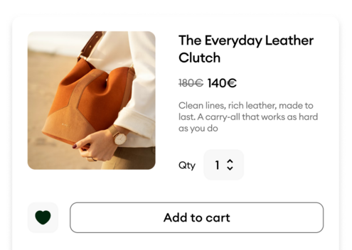 Jimdo online shop product page — leather clutch bag, pricing, cart, and one-click checkout.