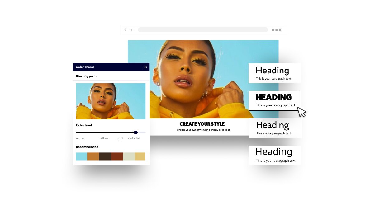 Webpage design interface with a woman's portrait, color theme options, and editable text elements on a blue background.