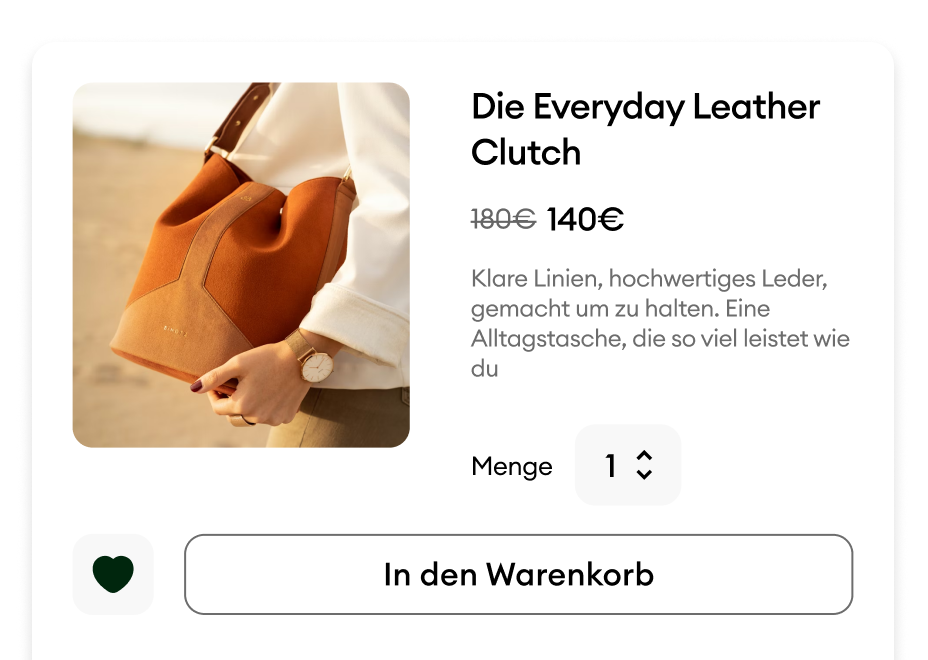 Jimdo Online-Shop mit Produktseite — Lederhandtasche, Preis, Warenkorb und Ein-Klick-Checkout.
