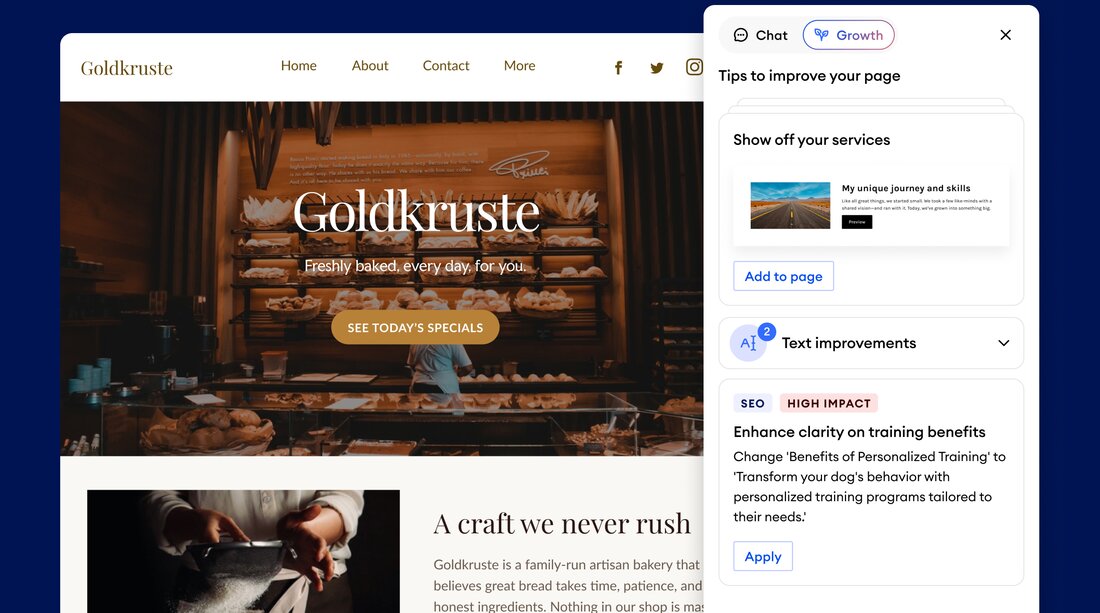 Jimdo website for a bakery with the AI assistant open — showing page improvement tips and one-click SEO text optimisations.