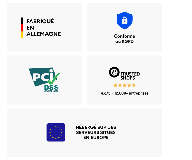Made in Germany, GDPR-compliant, PCI DSS certified, Trusted Shops rated 4.6/5 by 12,000+ businesses, servers hosted in Europe.