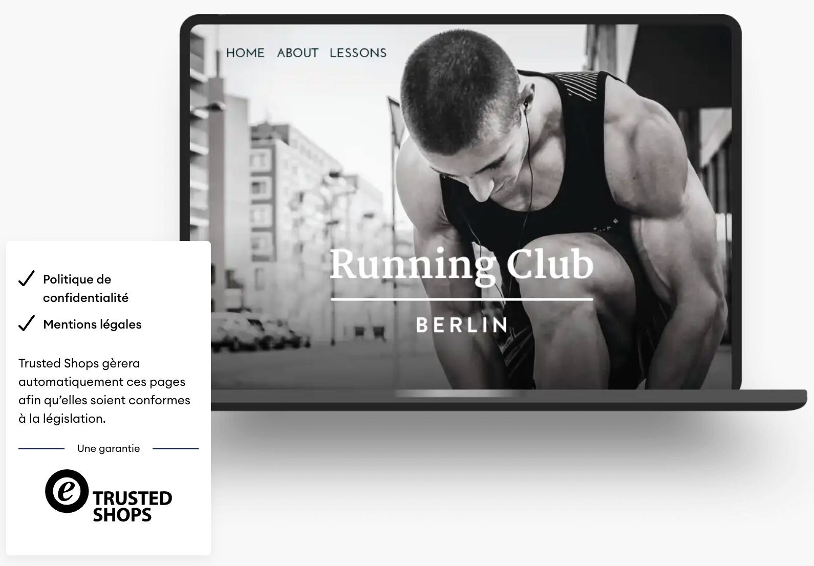 Ordinateur portable affichant un site web avec un coureur masculin nouant son lacet, surmonté du texte 'Running Club Berlin'.