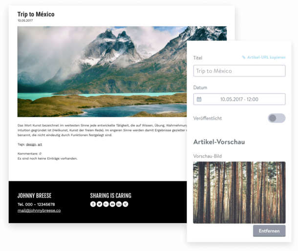 Jimdo blog editor showing a travel article preview and settings for title, date, and preview image.