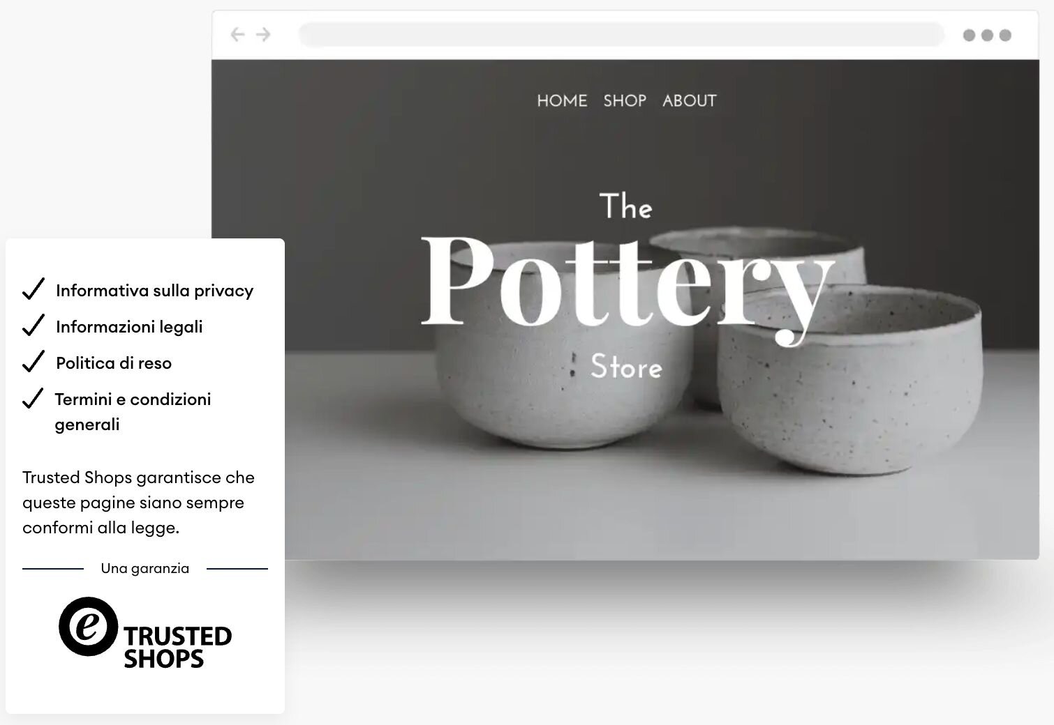 Tre vasi di ceramica su una pagina web con la scritta 'The Pottery Store' sovrapposta.