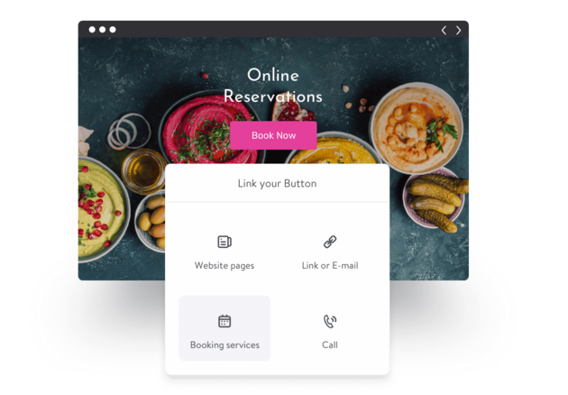 Browser interface showing a "Book Now" button over bowls of colorful dips, with options for linking a button below.