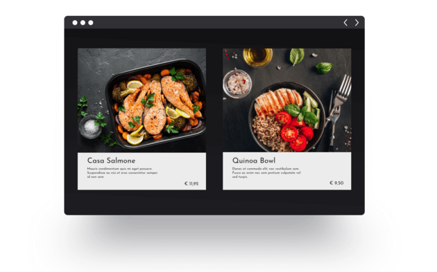 Menu displaying two dishes: Casa Salmone with salmon and Quinoa Bowl with grilled chicken, quinoa, and tomatoes. Prices included.