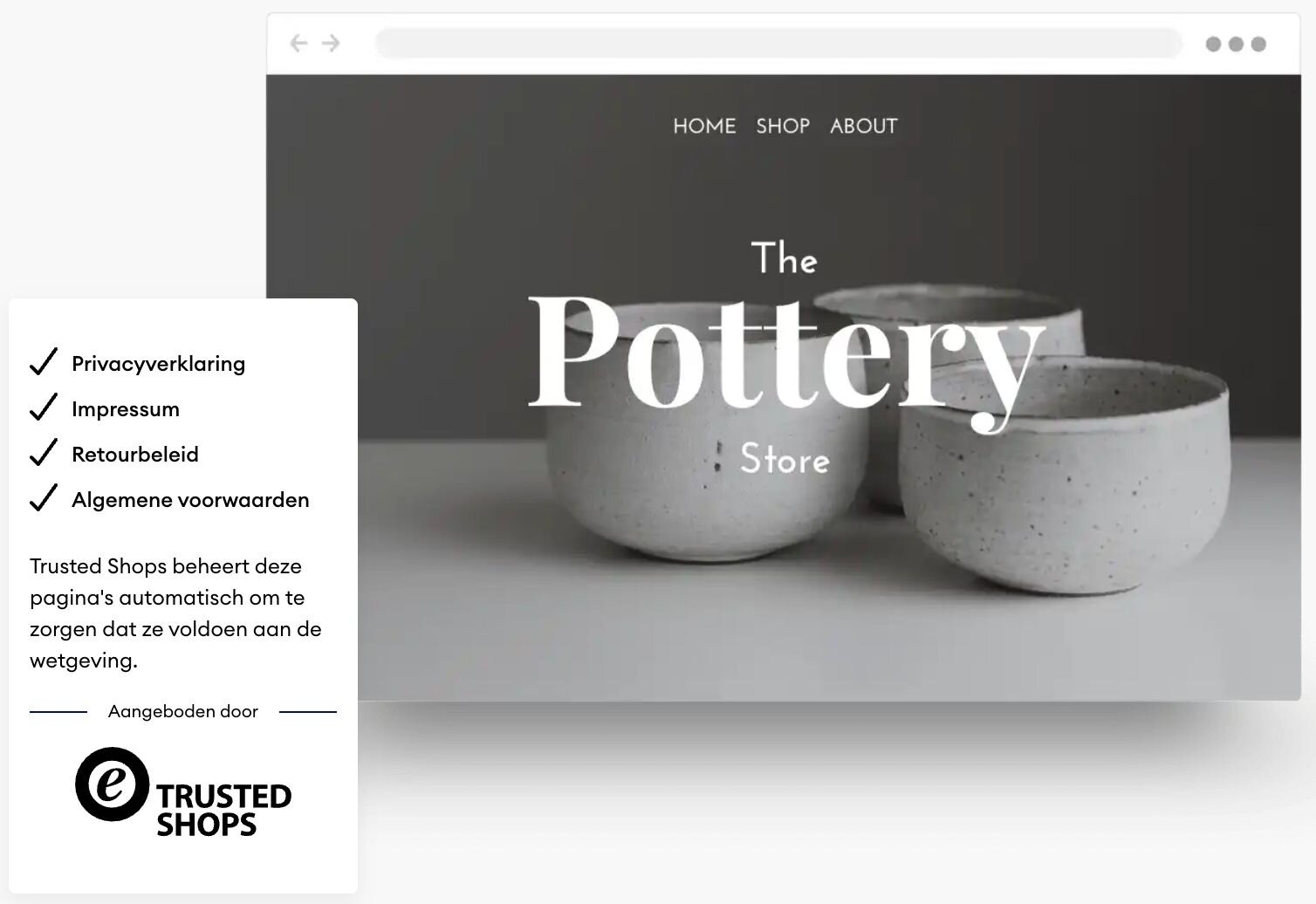 Drie keramische potten op een webpagina met de tekst 'The Pottery Store'.