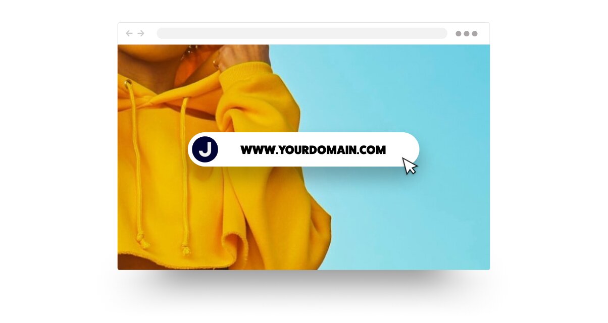 Cursor pointing to a website URL overlay on a yellow hoodie against a blue background.