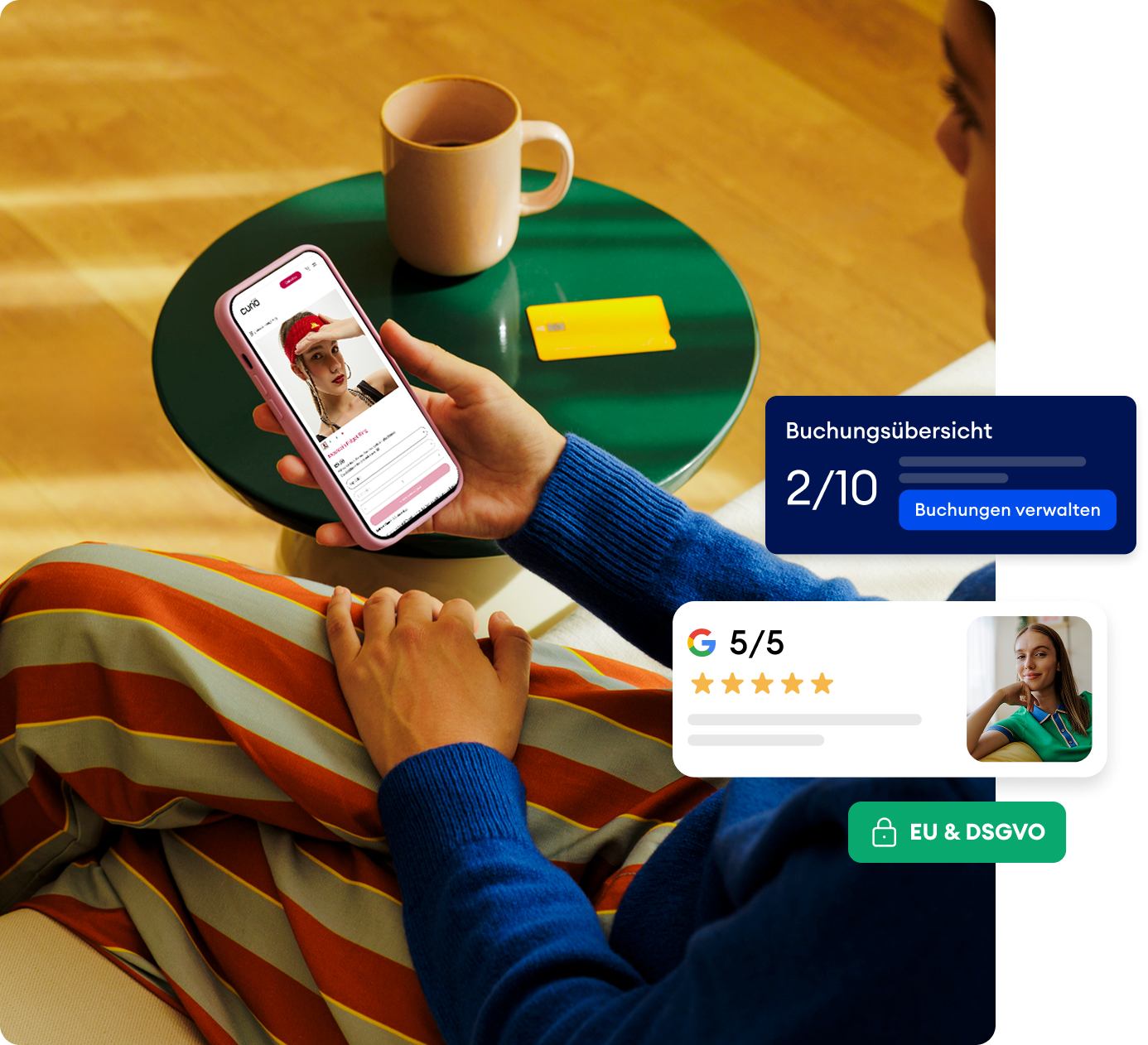 Selbstständige verwaltet ihr Business am Smartphone mit Jimdo — Buchungen, Google-Bewertungen und DSGVO-Konformität auf einen Blick.