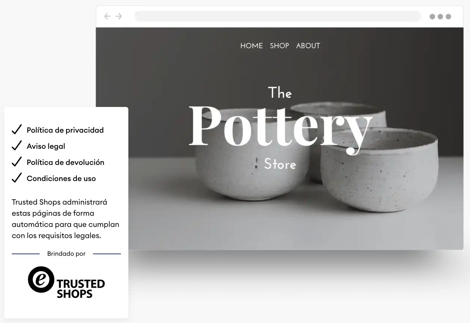 Tres macetas de cerámica en una página web con el texto 'The Pottery Store' superpuesto.