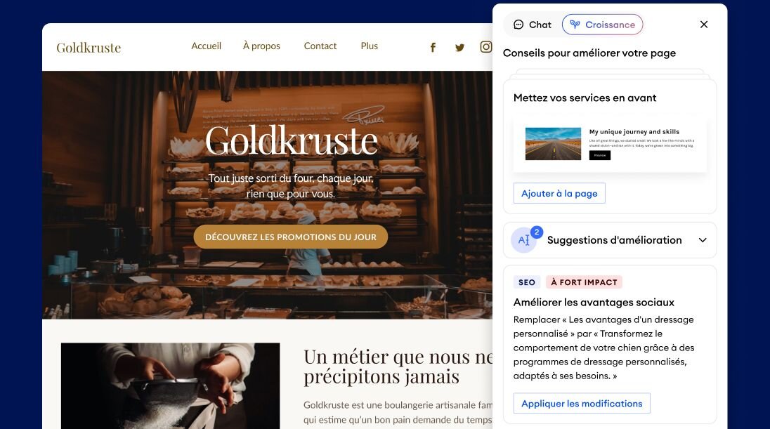 Site Jimdo d'une boulangerie avec l'assistant IA ouvert - affichant des conseils d'amélioration de page et des optimisations SEO en un clic.
