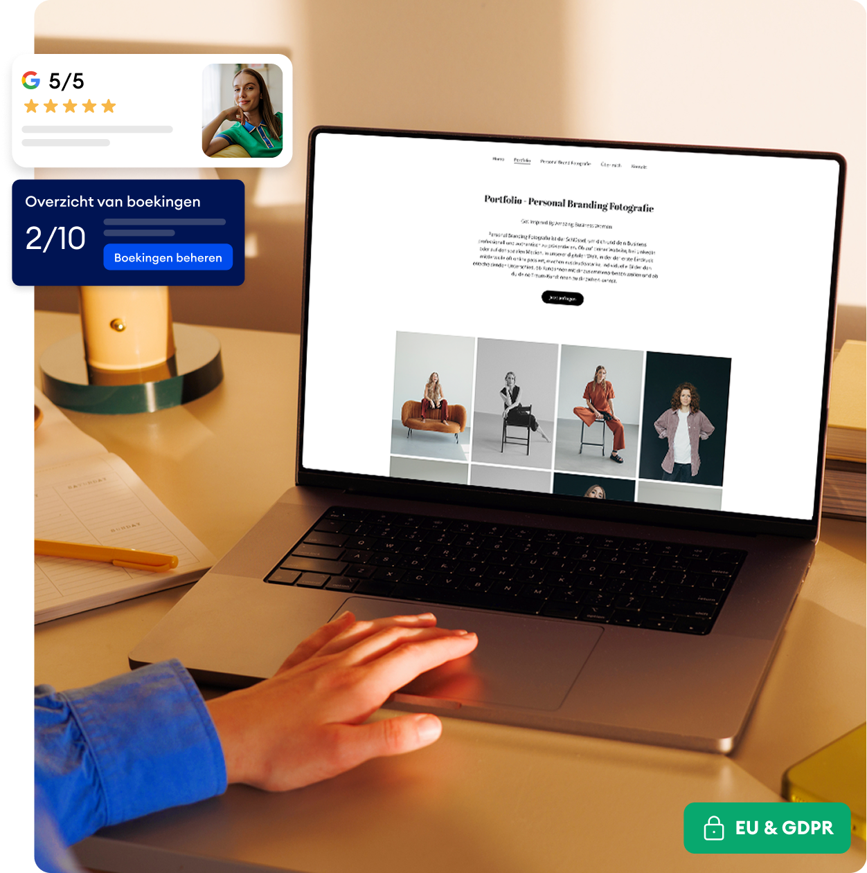 Zzp'er beheert haar bedrijf op smartphone met Jimdo - boekingen, Google-reviews en AVG-conformiteit in één oogopslag.
