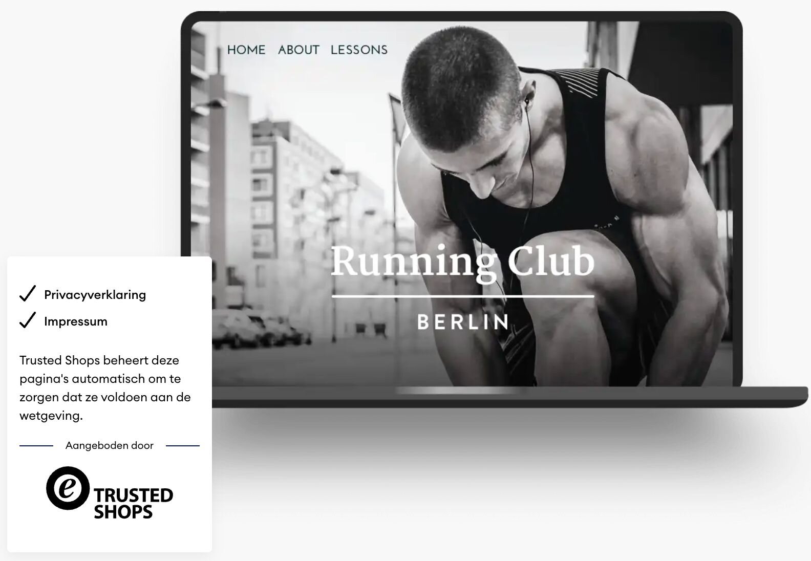 Laptop toont website met een mannelijke hardloper die zijn schoen strikt, met de tekst 'Running Club Berlin' eroverheen.