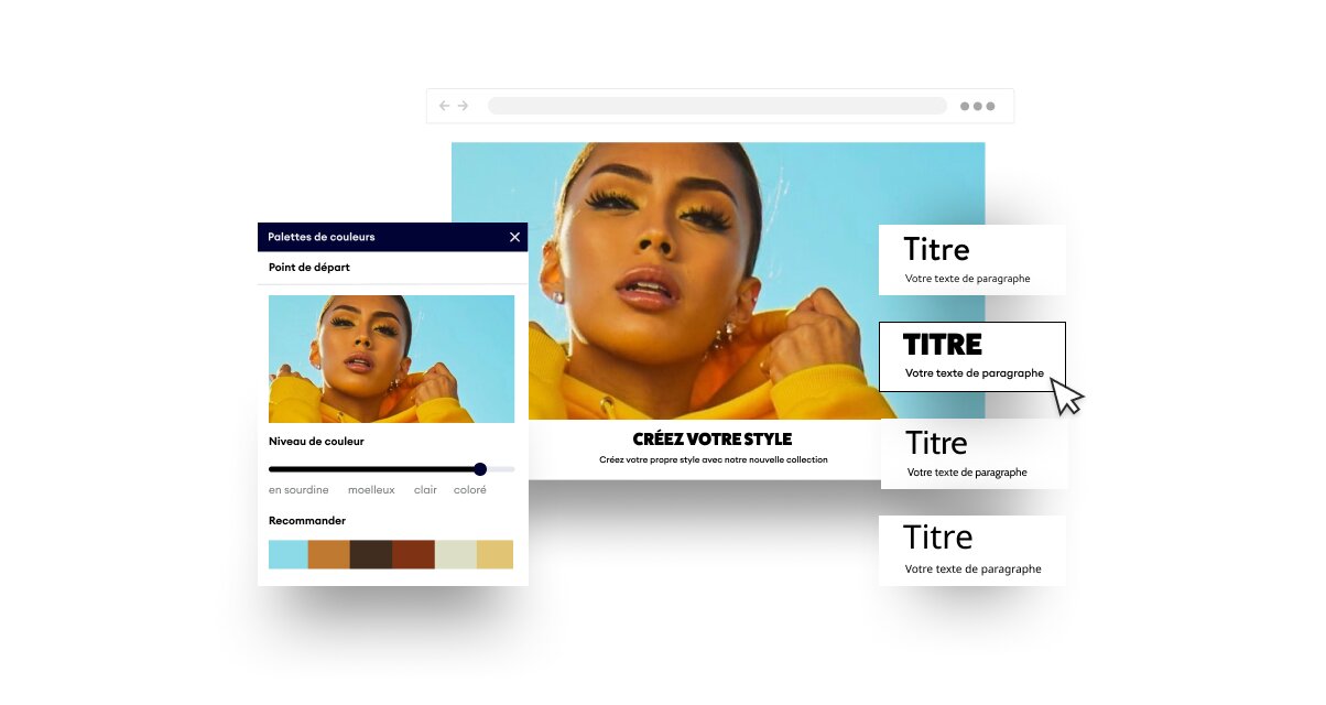 Interface de conception de page web avec un portrait de femme, options de thème de couleur et éléments de texte modifiables sur un fond bleu.