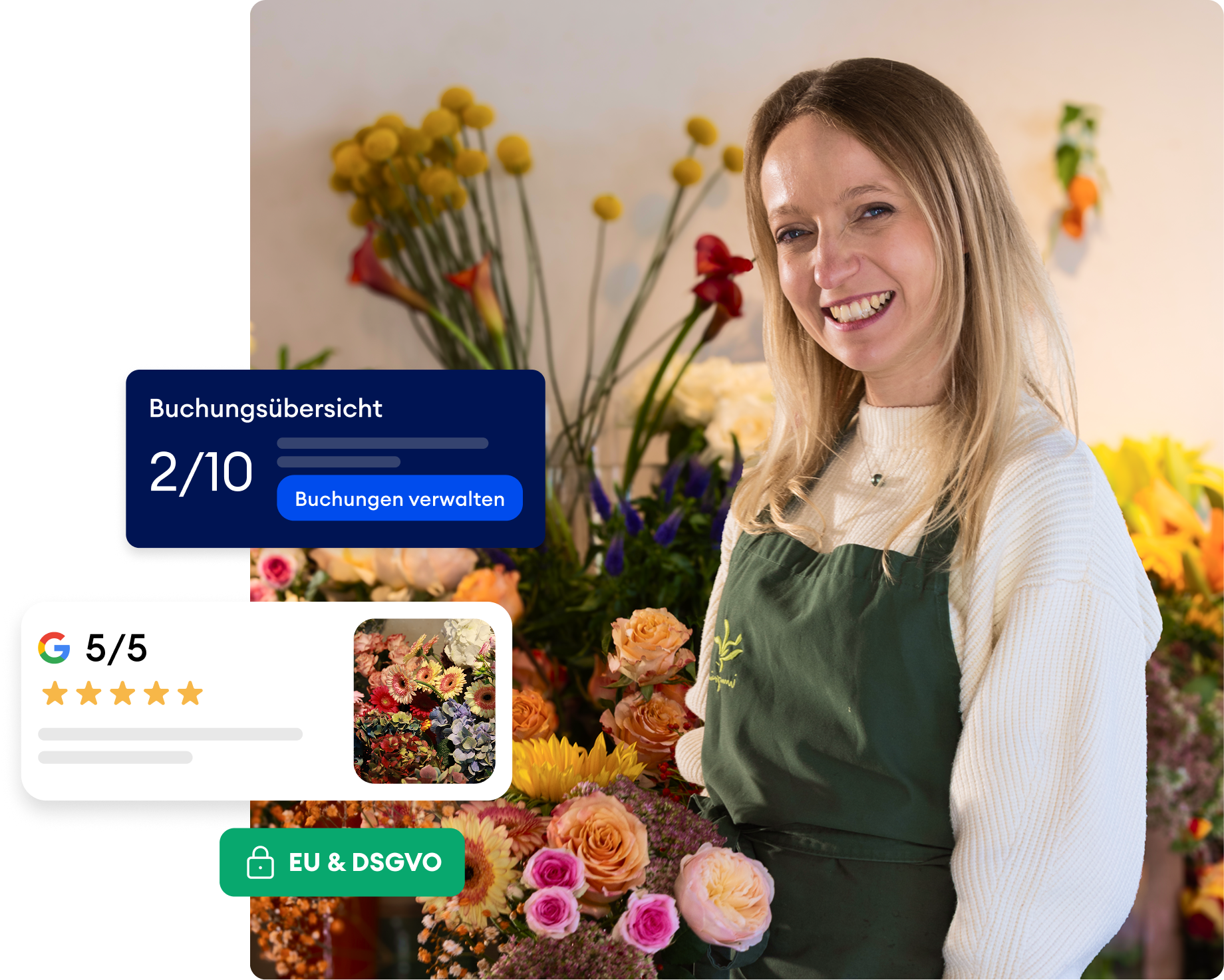 Selbstständige verwaltet ihr Business am Smartphone mit Jimdo — Buchungen, Google-Bewertungen und DSGVO-Konformität auf einen Blick.