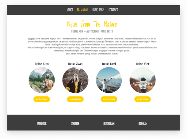 Travel blog homepage created with Jimdo, showing blog categories, images, navigation, and social media links.