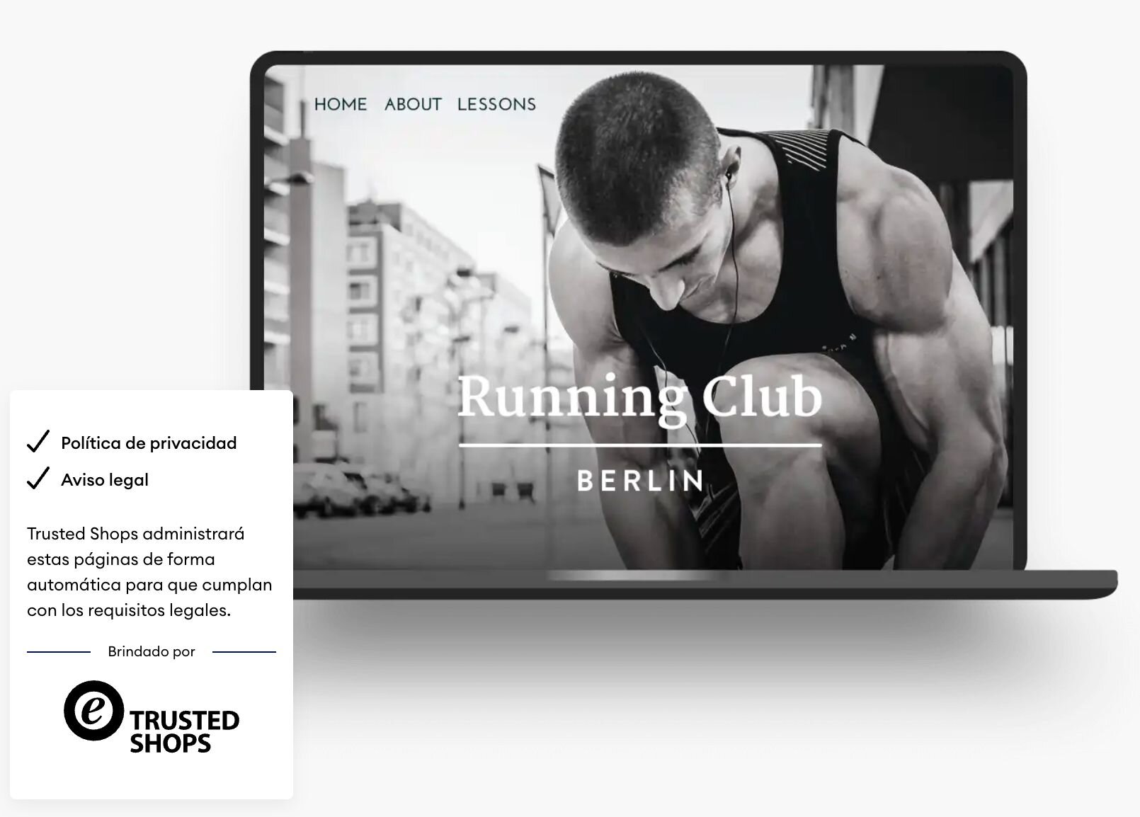 Portátil muestra sitio web con un corredor masculino atándose el zapato, con el texto 'Running Club Berlin' superpuesto.