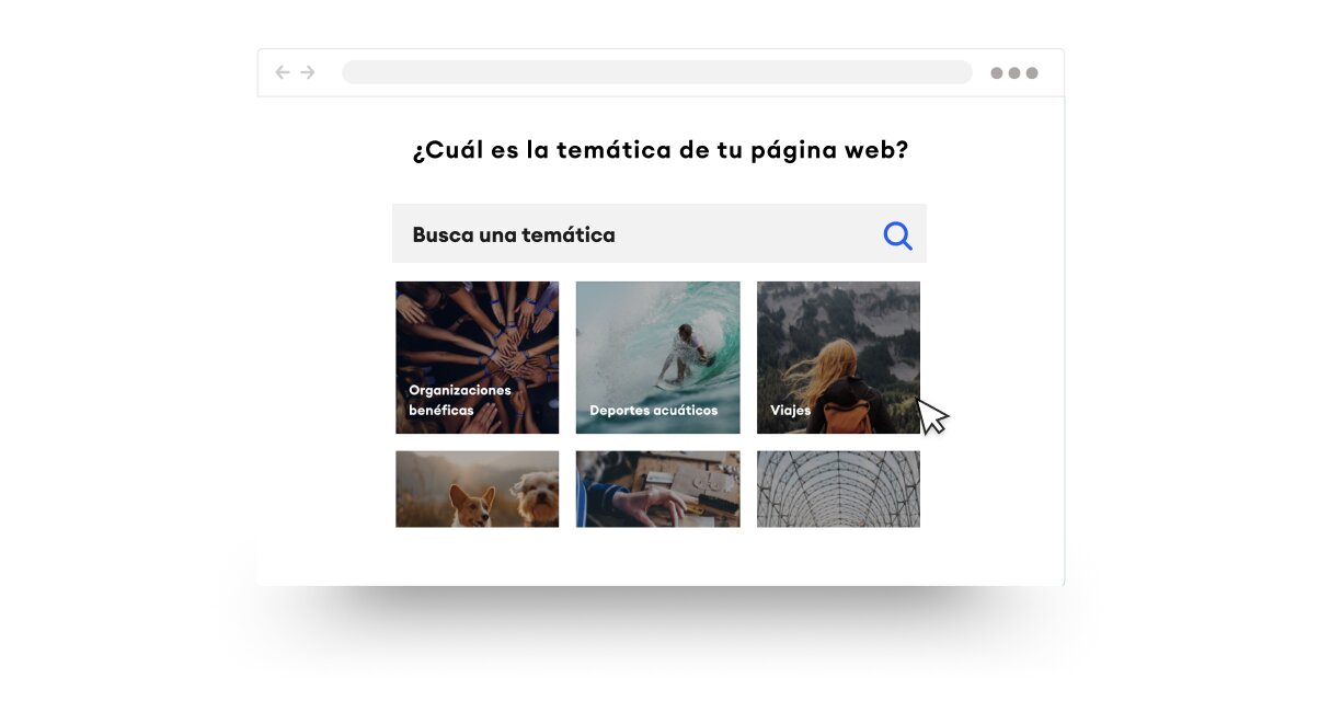 Interfaz de selección de tema de página web con categorías como caridad, deportes acuáticos y viajes. Un cursor apunta al tema de viajes.