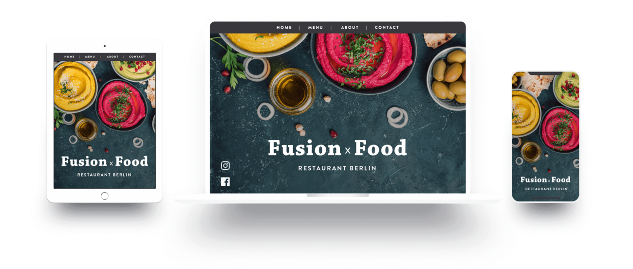 Tablet, laptop, and smartphone displaying a restaurant website with colorful food arrangements and "Fusion x Food" branding.