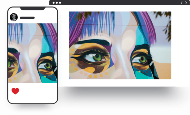 Fresque colorée des yeux d'une femme avec un maquillage vibrant et des cheveux multicolores, affichée sur un smartphone et un navigateur web.