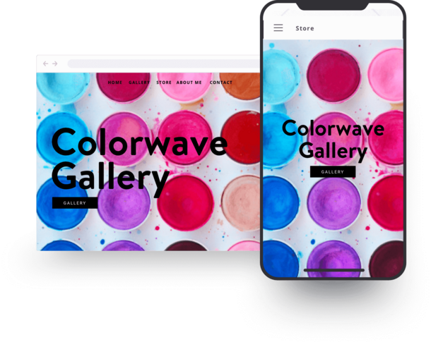 An art gallery website shown on a laptop and on a mobile phone. 