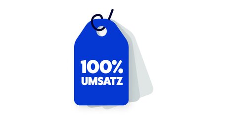 Ein blauer Kofferanhänger mit der Aufschrift "100 Prozent Umsatz".