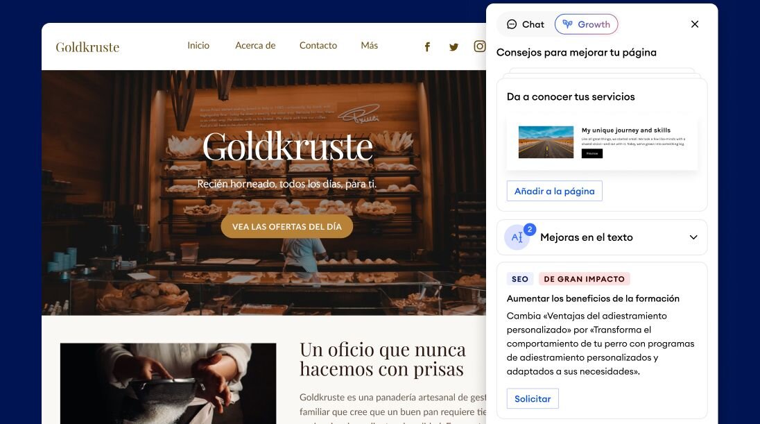Web de Jimdo para una panadería con el asistente de IA abierto mostrando los consejos para mejorar la página y optimizaciones SEO en un solo clic.
