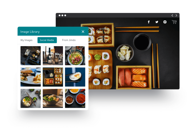 Sushi meal with various rolls, nigiri, ginger, and soy sauce in a bento-style arrangement. Image selection panel overlay.